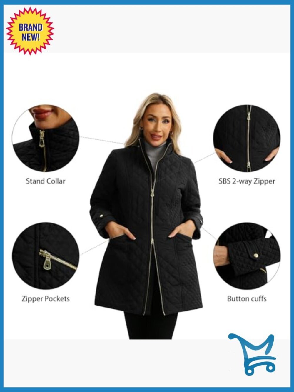 Plus Size Quilted Lightweight Jacket Long Stand Collar Zip Front Spring Fall - Picture 6 of 7
